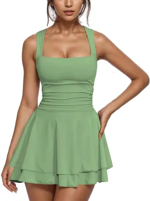 JOAU Women's Square Neck Layered Ruffle Hem Mini Dress Sleeveless Low Cut A-Line Swing Ruched Waist Short Party Dresses