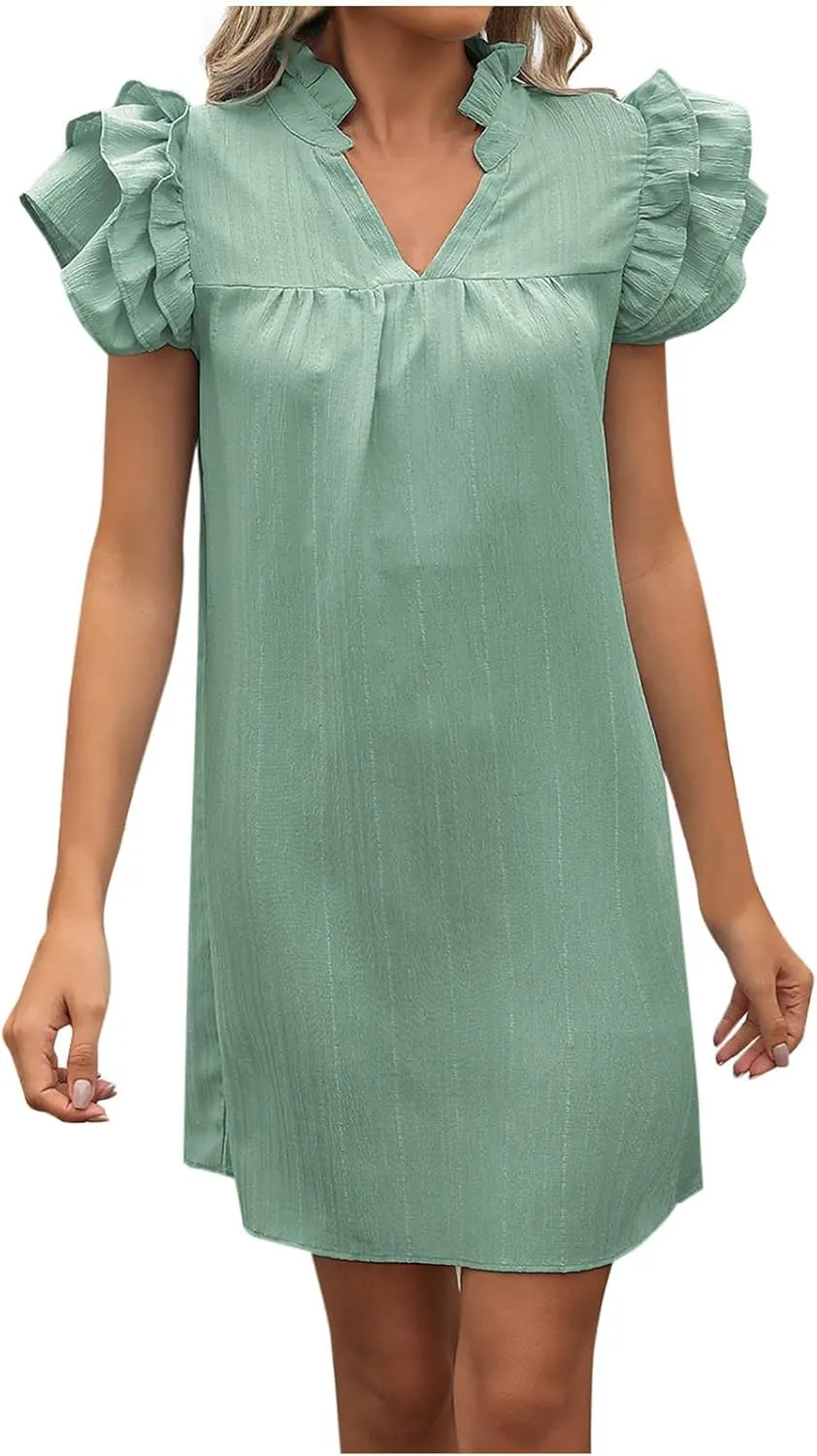 JOAU Womens Summer 2025 Layered Ruffle Cap Sleeve V Neck Shift Mini Dress Casual Loose Solid Flowy Cute Beach Shirt Dresses