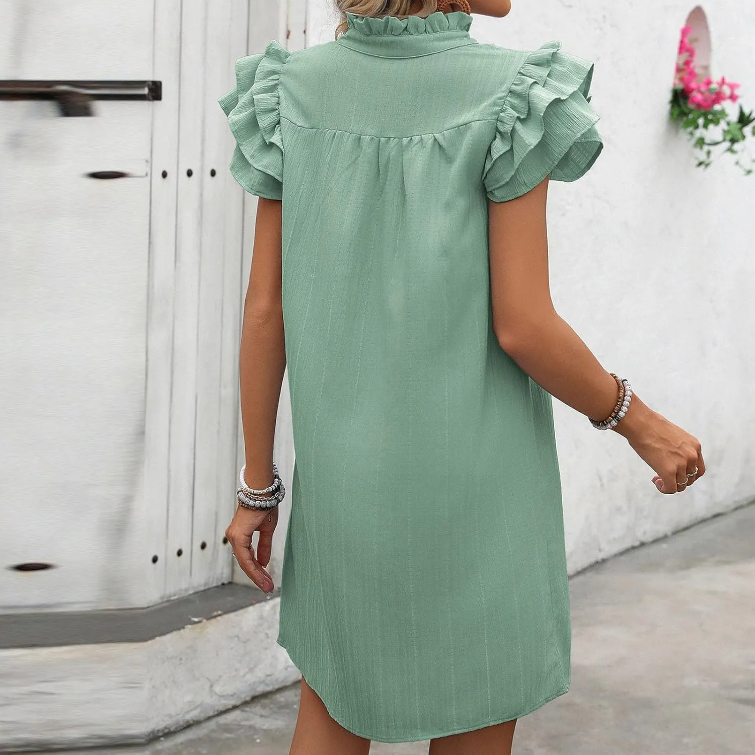 JOAU Womens Summer 2025 Layered Ruffle Cap Sleeve V Neck Shift Mini Dress Casual Loose Solid Flowy Cute Beach Shirt Dresses