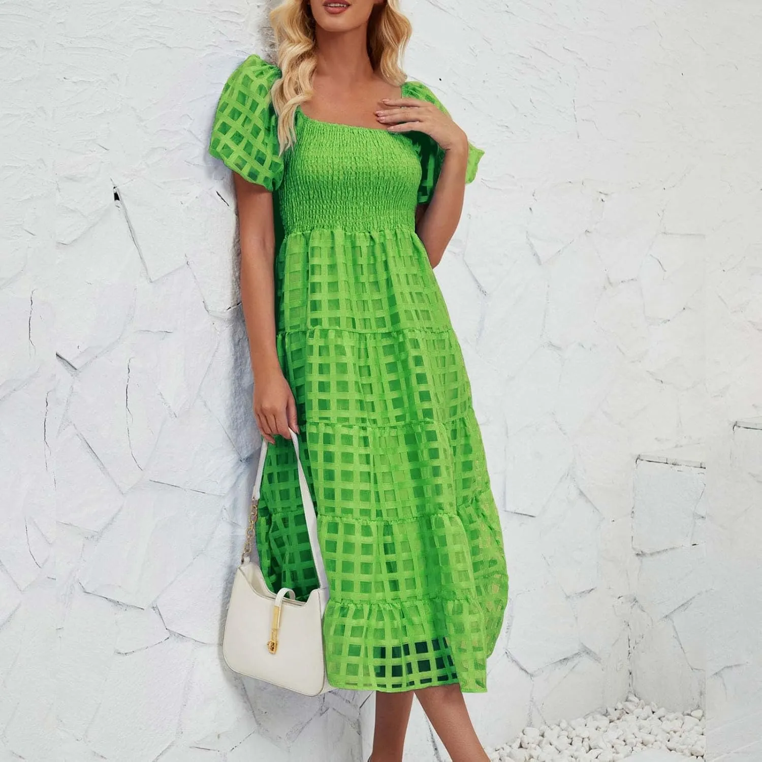 JOAU Women's Summer Off Shoulder Smocked Beach Dress Square Neck Puff Short Sleeve Swing Tiered Layered Ruffle Midi Dresses