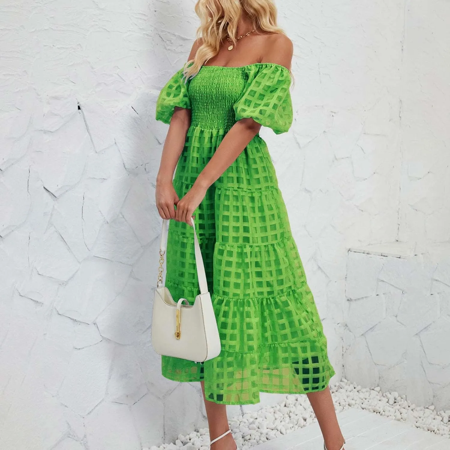 JOAU Women's Summer Off Shoulder Smocked Beach Dress Square Neck Puff Short Sleeve Swing Tiered Layered Ruffle Midi Dresses
