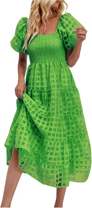 JOAU Women's Summer Off Shoulder Smocked Beach Dress Square Neck Puff Short Sleeve Swing Tiered Layered Ruffle Midi Dresses