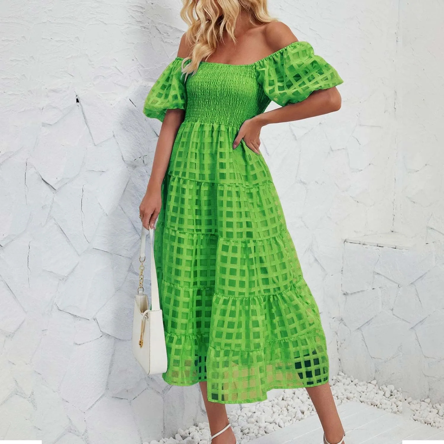 JOAU Women's Summer Off Shoulder Smocked Beach Dress Square Neck Puff Short Sleeve Swing Tiered Layered Ruffle Midi Dresses