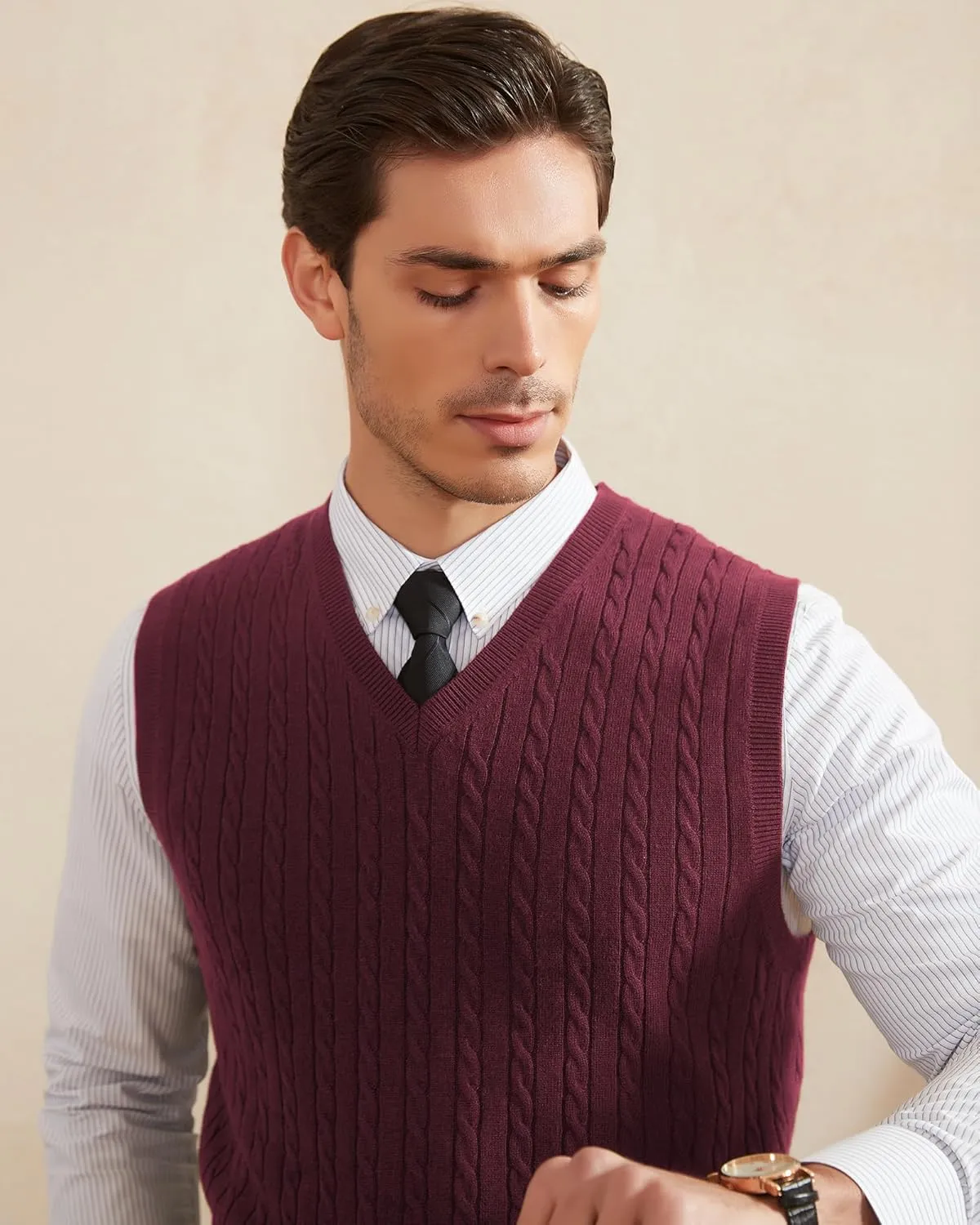 Kallspin Mens Wool Blended Cable Knit Sweater Vest V Neck Relaxed Fit Sleeveless Pullovers
