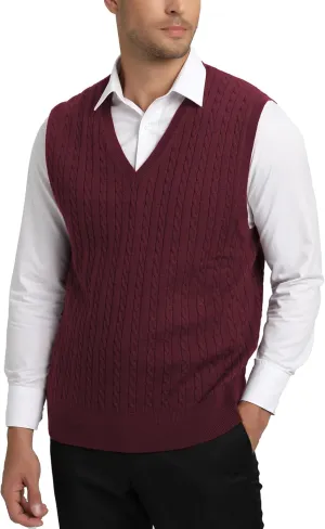 Kallspin Mens Wool Blended Cable Knit Sweater Vest V Neck Relaxed Fit Sleeveless Pullovers