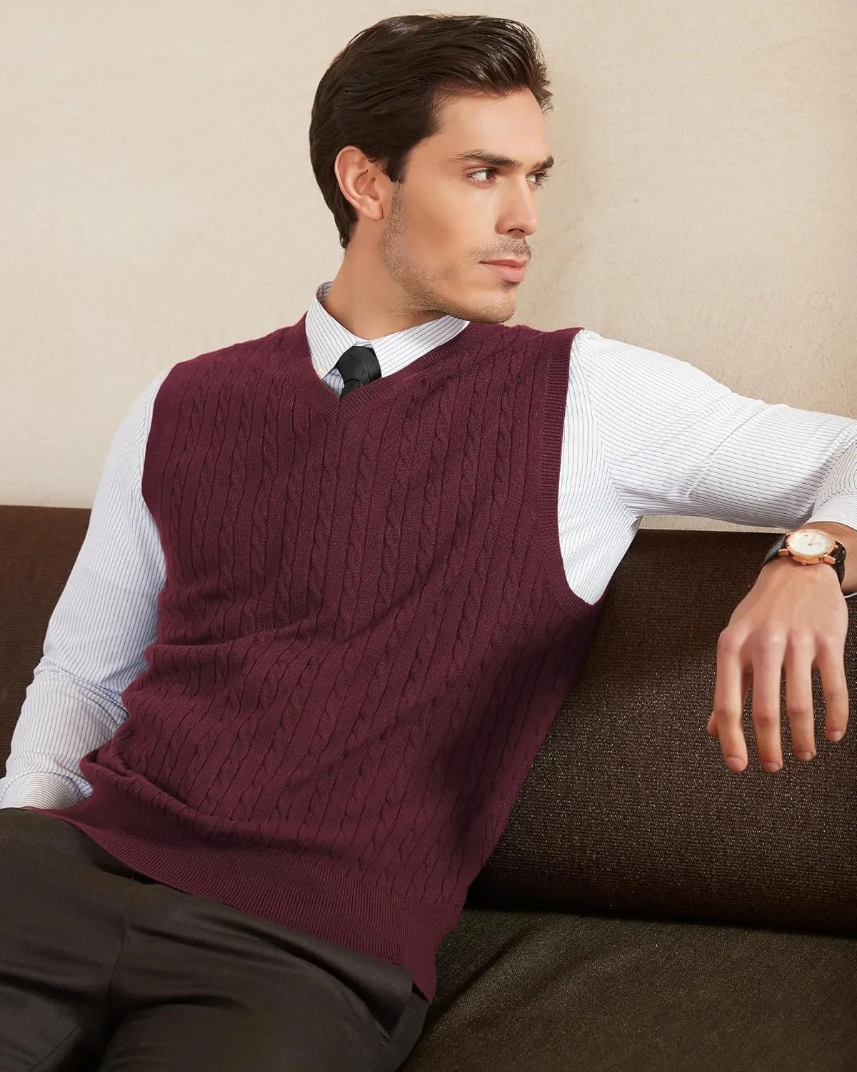 Kallspin Mens Wool Blended Cable Knit Sweater Vest V Neck Relaxed Fit Sleeveless Pullovers