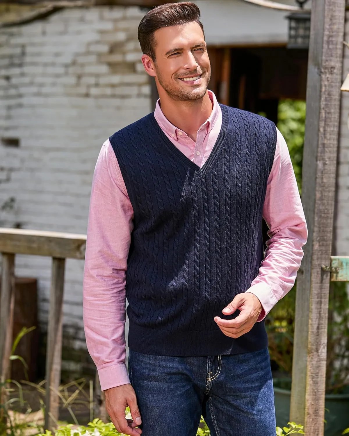 Kallspin Mens Wool Blended Cable Knit Sweater Vest V Neck Relaxed Fit Sleeveless Pullovers