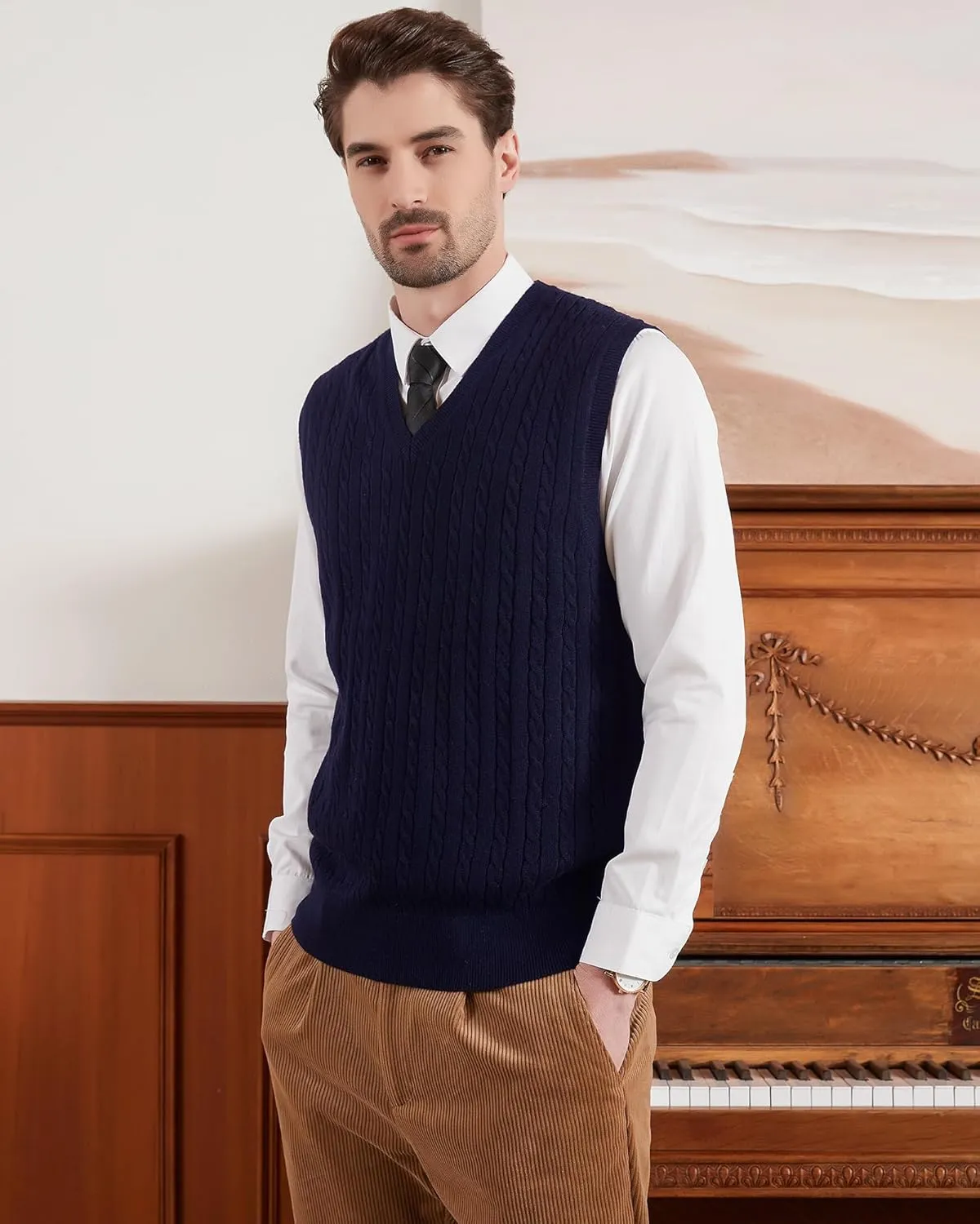 Kallspin Mens Wool Blended Cable Knit Sweater Vest V Neck Relaxed Fit Sleeveless Pullovers
