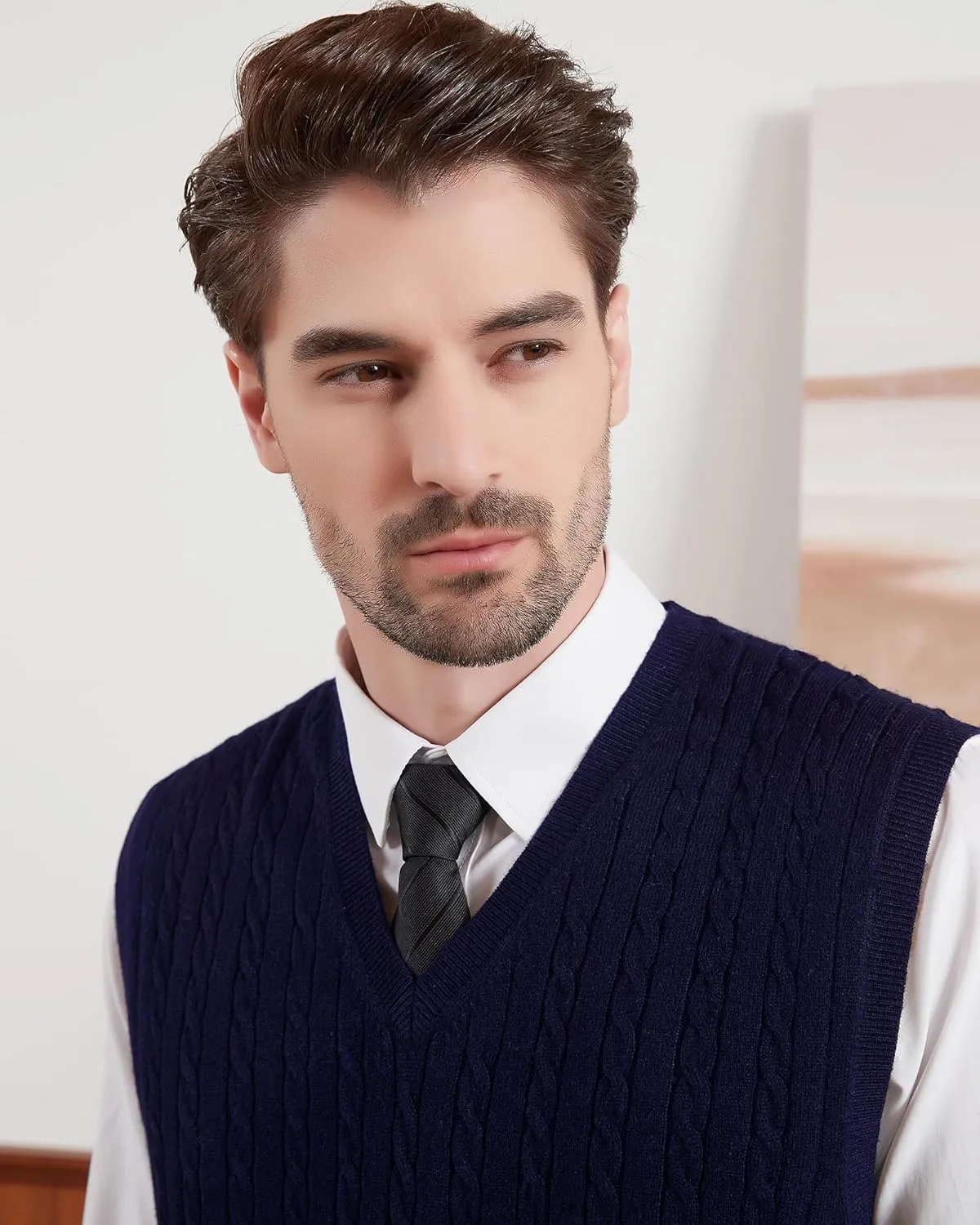 Kallspin Mens Wool Blended Cable Knit Sweater Vest V Neck Relaxed Fit Sleeveless Pullovers