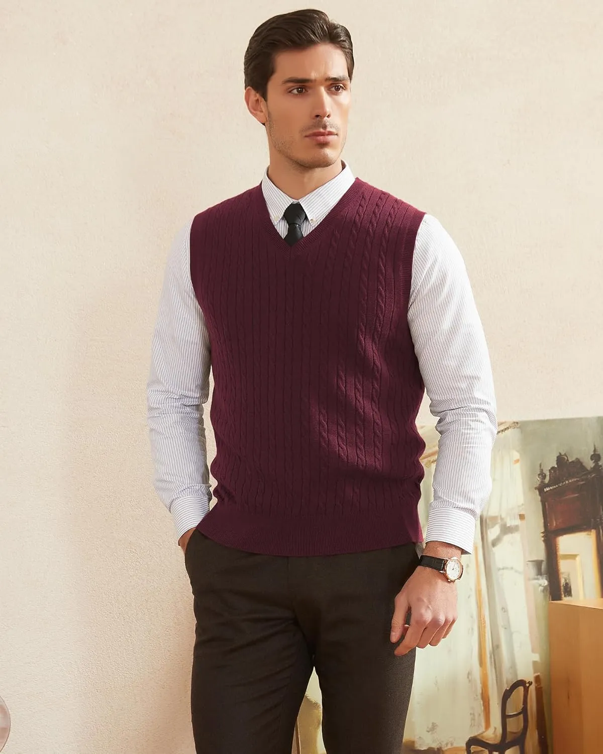 Kallspin Mens Wool Blended Cable Knit Sweater Vest V Neck Relaxed Fit Sleeveless Pullovers