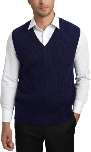 Kallspin Mens Wool Blended Cable Knit Sweater Vest V Neck Relaxed Fit Sleeveless Pullovers