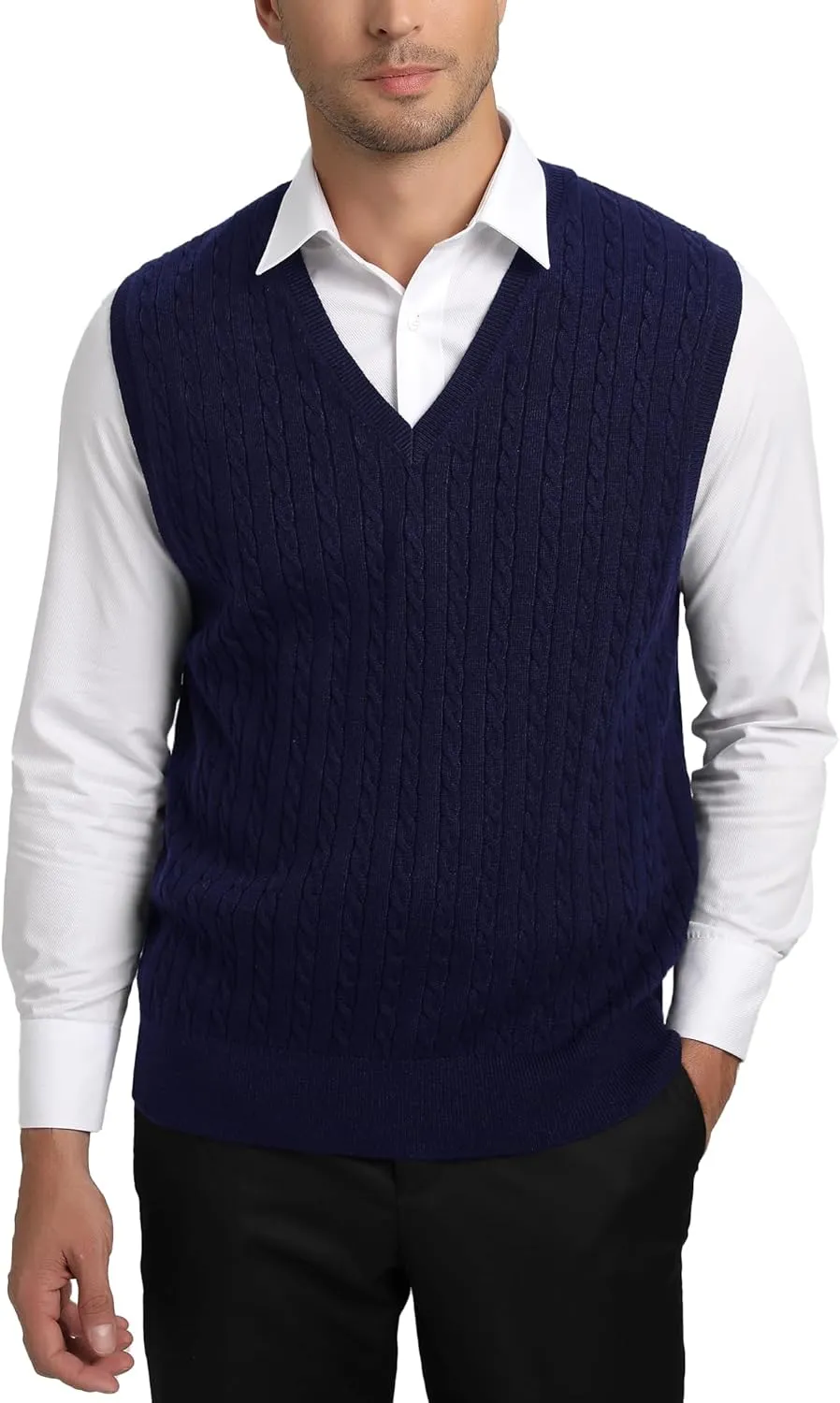 Kallspin Mens Wool Blended Cable Knit Sweater Vest V Neck Relaxed Fit Sleeveless Pullovers