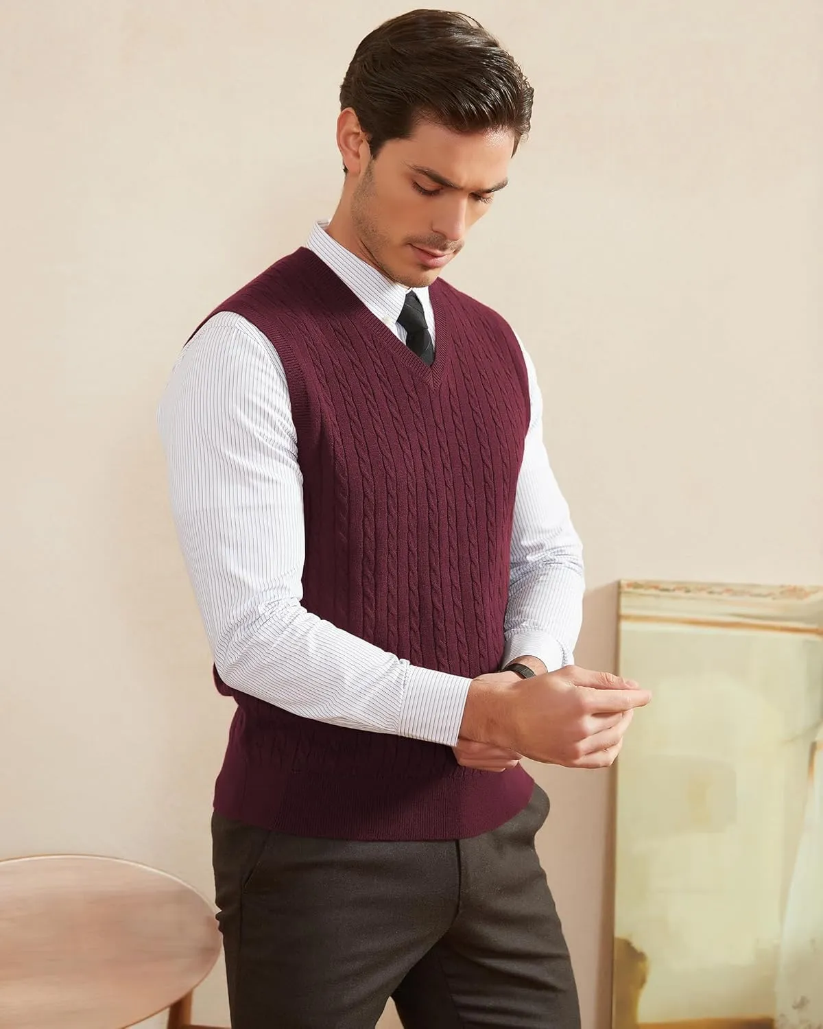 Kallspin Mens Wool Blended Cable Knit Sweater Vest V Neck Relaxed Fit Sleeveless Pullovers