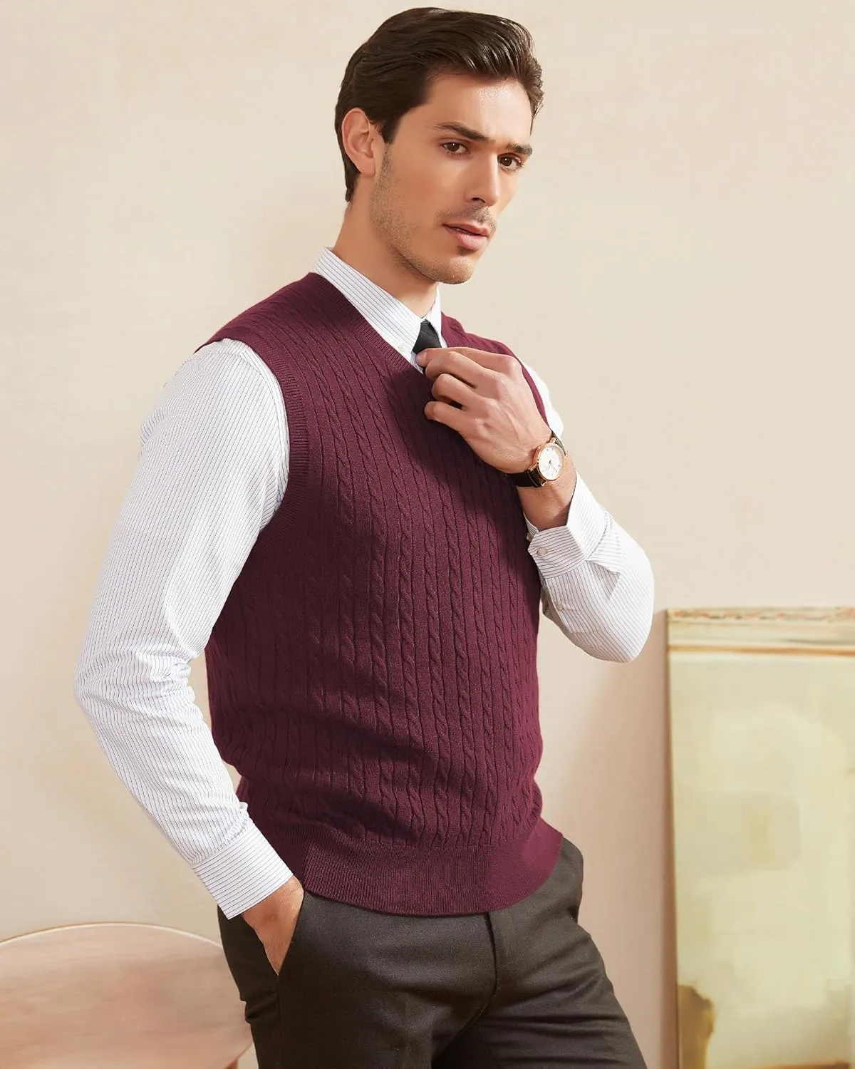 Kallspin Mens Wool Blended Cable Knit Sweater Vest V Neck Relaxed Fit Sleeveless Pullovers