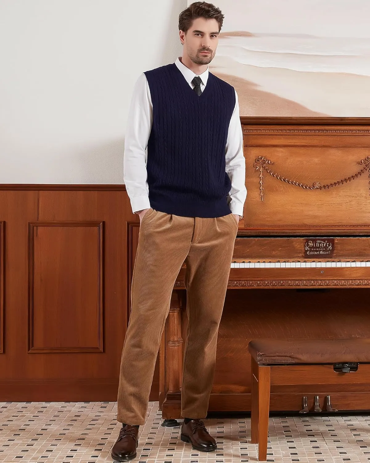 Kallspin Mens Wool Blended Cable Knit Sweater Vest V Neck Relaxed Fit Sleeveless Pullovers