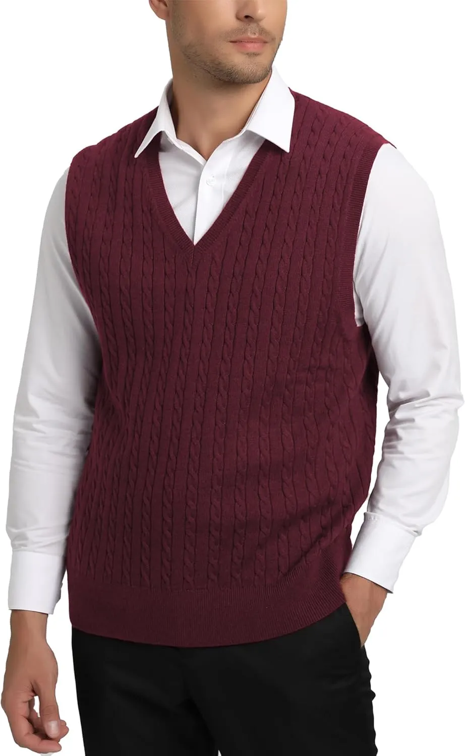 Kallspin Mens Wool Blended Cable Knit Sweater Vest V Neck Relaxed Fit Sleeveless Pullovers