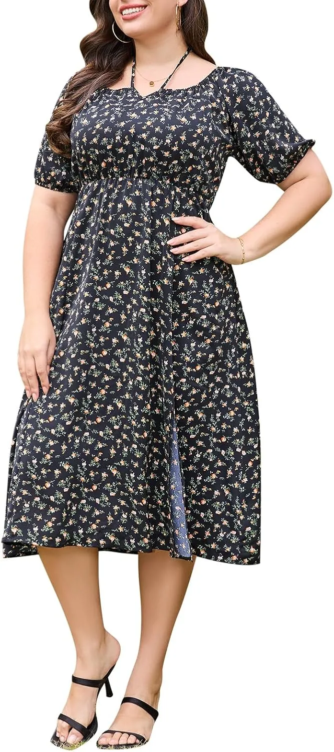 Keluummi Plus Size Summer Midi Dresses for Curvy Women, Boho Floral Casual Smocked Sundress with Empire Waist and Pockets(22 Plus, Black Brown Floral)