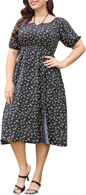 Keluummi Plus Size Summer Midi Dresses for Curvy Women, Boho Floral Casual Smocked Sundress with Empire Waist and Pockets(22 Plus, Black Brown Floral)