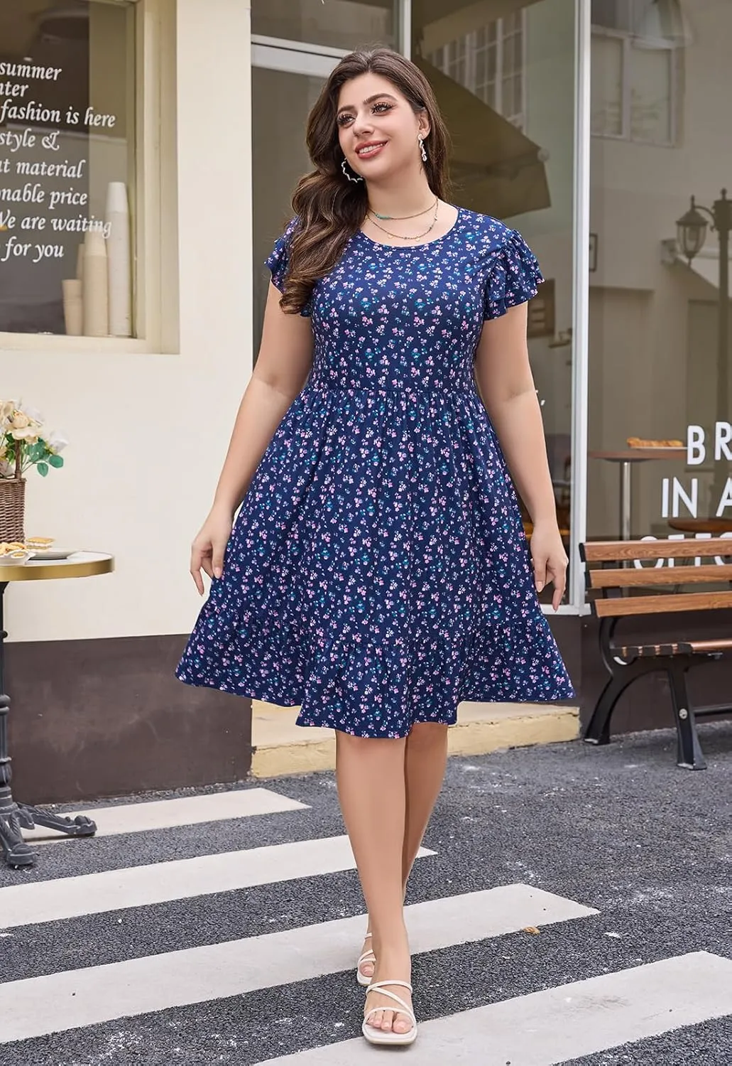 Keluummi Plus Size Summer Midi Dresses for Curvy Women, Casual A-Line Sundress with Short Sleeves and Pockets
