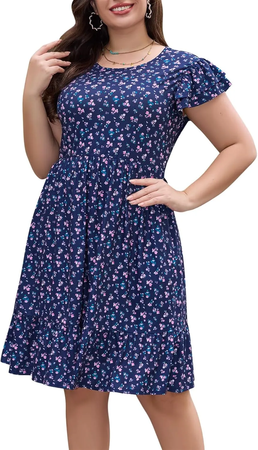Keluummi Plus Size Summer Midi Dresses for Curvy Women, Casual A-Line Sundress with Short Sleeves and Pockets