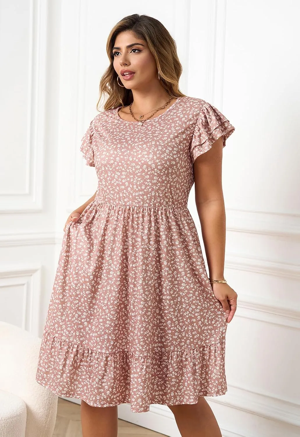 Keluummi Plus Size Summer Midi Dresses for Curvy Women, Casual A-Line Sundress with Short Sleeves and Pockets