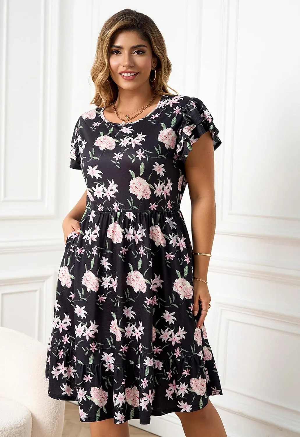 Keluummi Plus Size Summer Midi Dresses for Curvy Women, Casual A-Line Sundress with Short Sleeves and Pockets