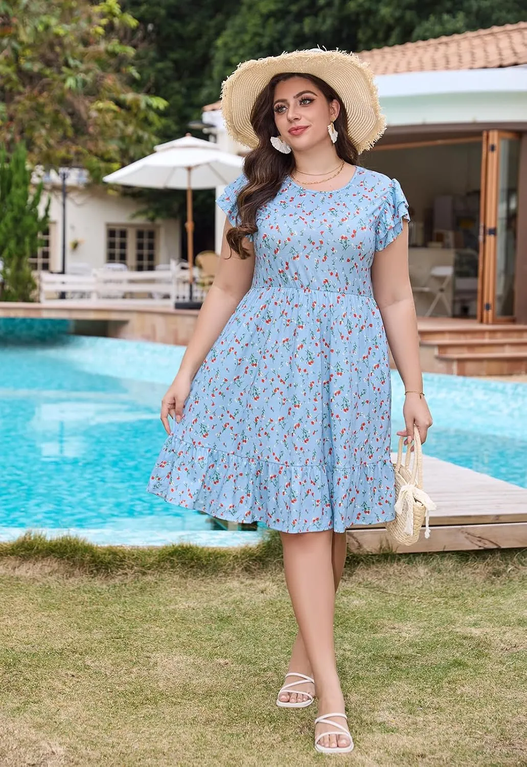 Keluummi Plus Size Summer Midi Dresses for Curvy Women, Casual A-Line Sundress with Short Sleeves and Pockets