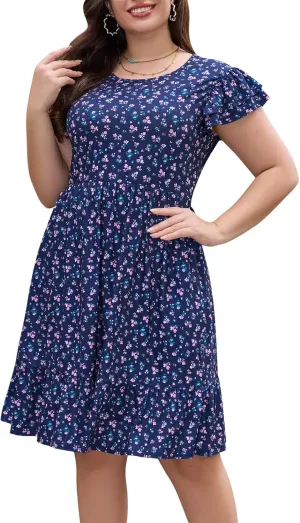 Keluummi Plus Size Summer Midi Dresses for Curvy Women, Casual A-Line Sundress with Short Sleeves and Pockets