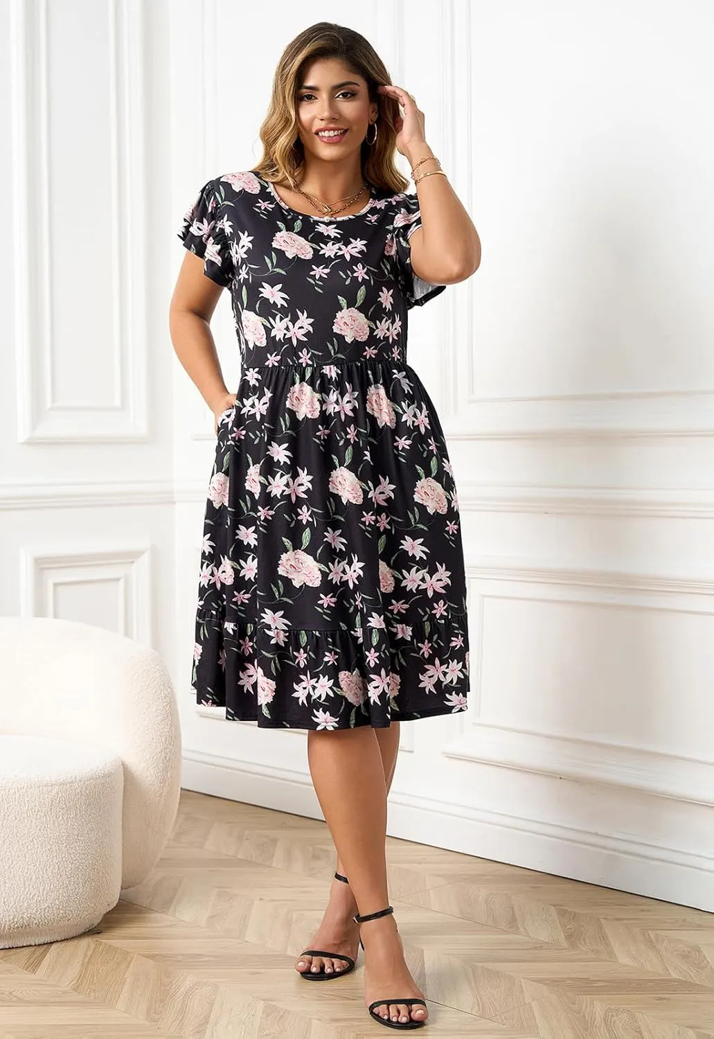 Keluummi Plus Size Summer Midi Dresses for Curvy Women, Casual A-Line Sundress with Short Sleeves and Pockets