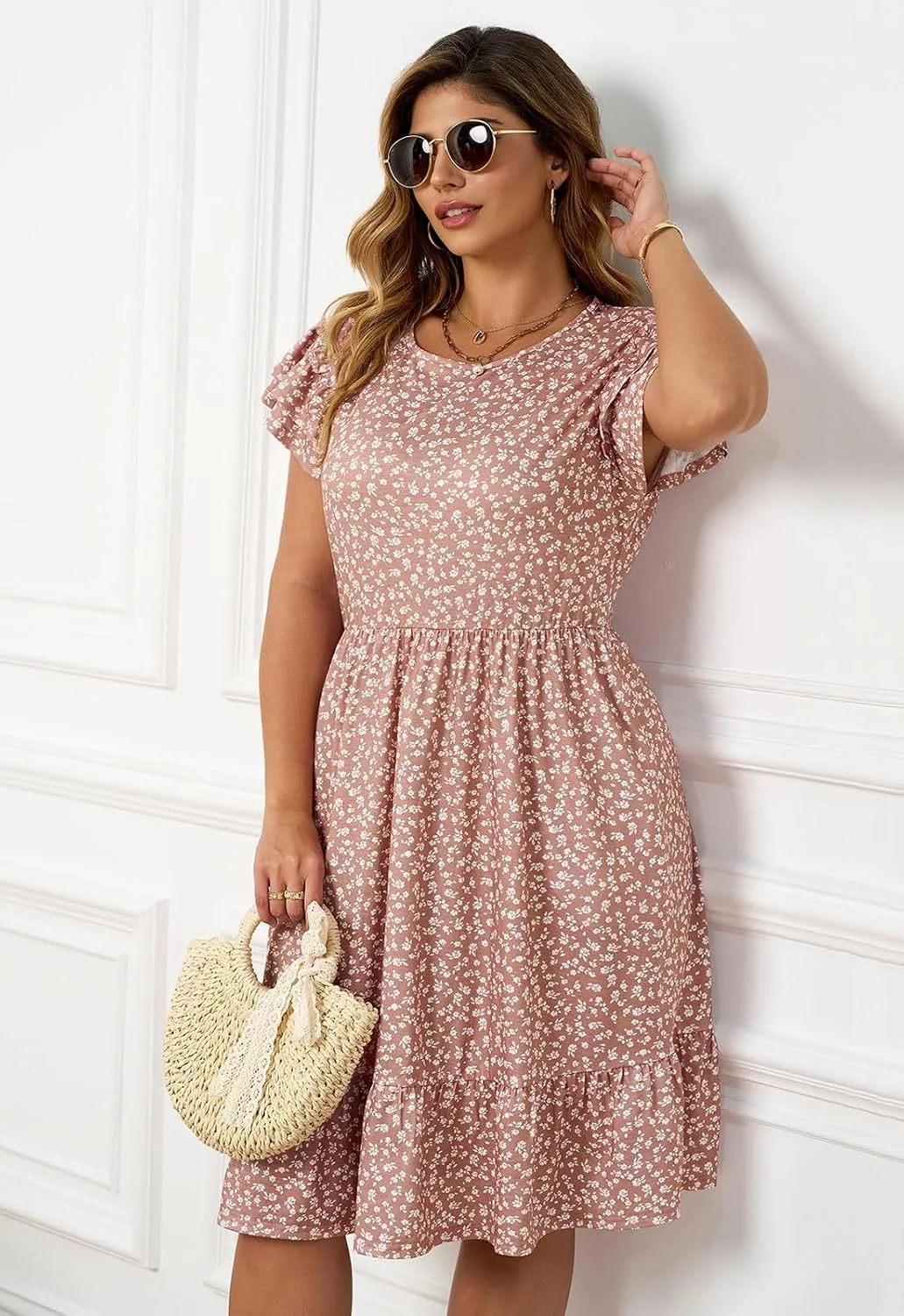 Keluummi Plus Size Summer Midi Dresses for Curvy Women, Casual A-Line Sundress with Short Sleeves and Pockets