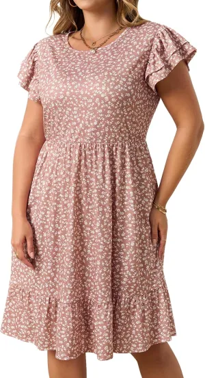 Keluummi Plus Size Summer Midi Dresses for Curvy Women, Casual A-Line Sundress with Short Sleeves and Pockets