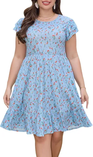 Keluummi Plus Size Summer Midi Dresses for Curvy Women, Casual A-Line Sundress with Short Sleeves and Pockets