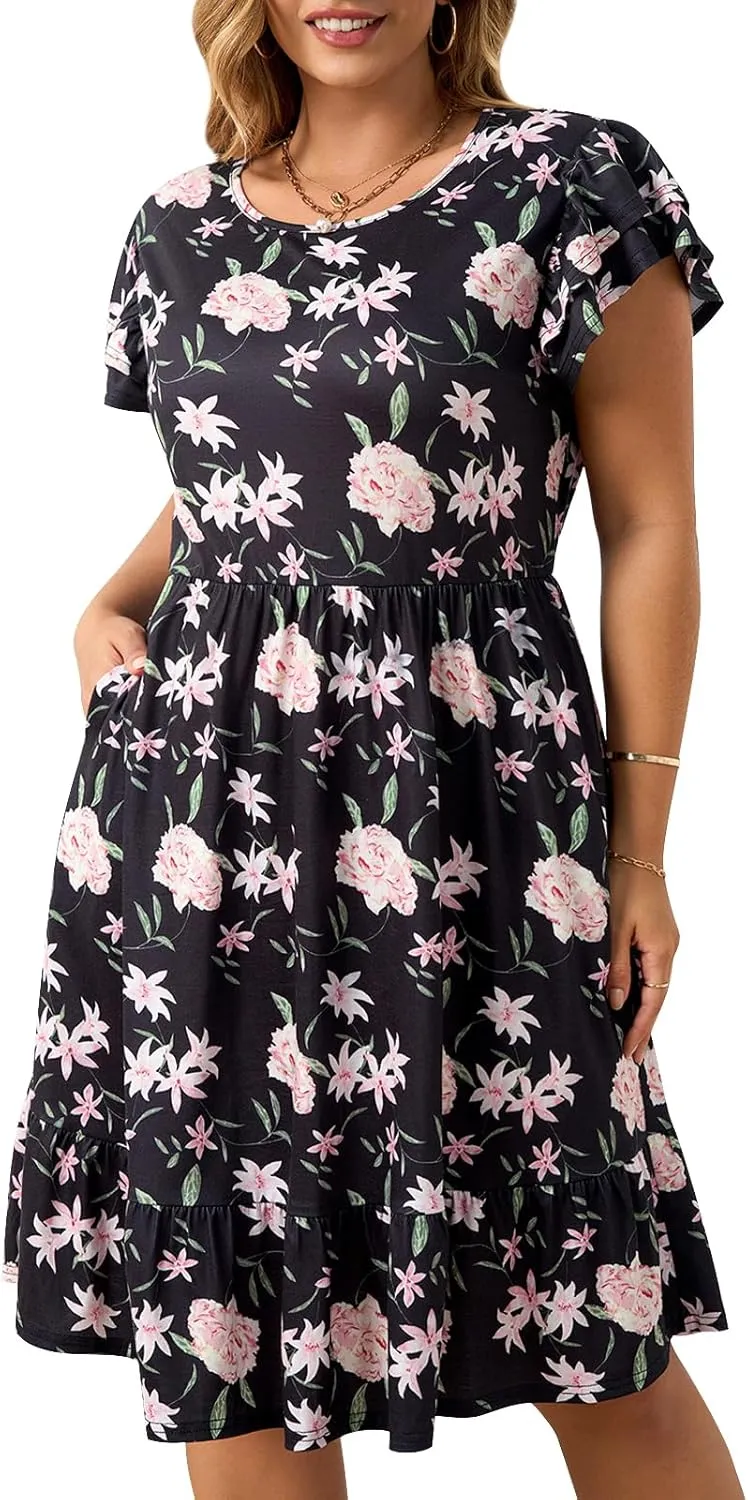 Keluummi Plus Size Summer Midi Dresses for Curvy Women, Casual A-Line Sundress with Short Sleeves and Pockets