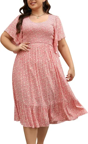 Keluummi Plus Size Wedding Guest Midi Dresses for Curvy Women, Summer Casual Boho Floral Dress with Empire Waist and Pocket