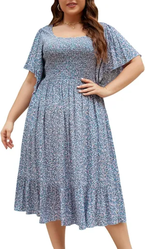 Keluummi Plus Size Wedding Guest Midi Dresses for Curvy Women, Summer Casual Boho Floral Dress with Empire Waist and Pocket