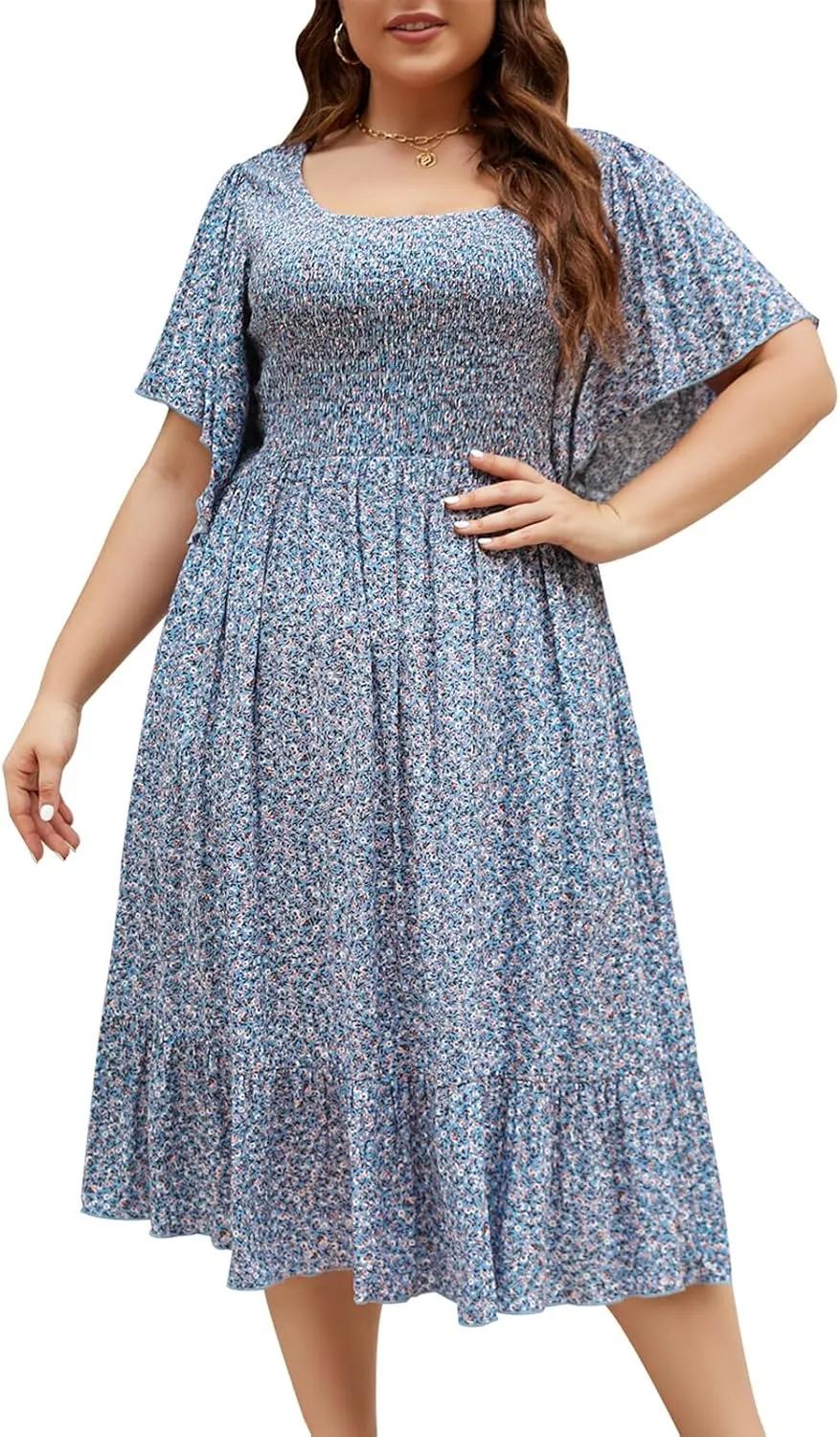 Keluummi Plus Size Wedding Guest Midi Dresses for Curvy Women, Summer Casual Boho Floral Dress with Empire Waist and Pocket