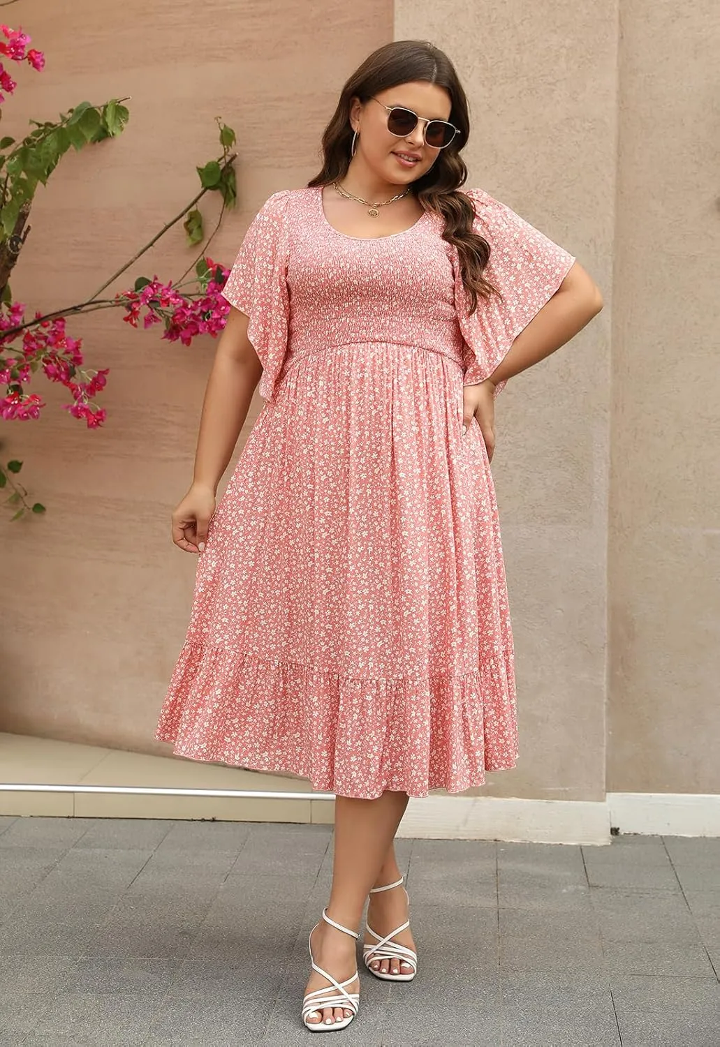 Keluummi Plus Size Wedding Guest Midi Dresses for Curvy Women, Summer Casual Boho Floral Dress with Empire Waist and Pocket