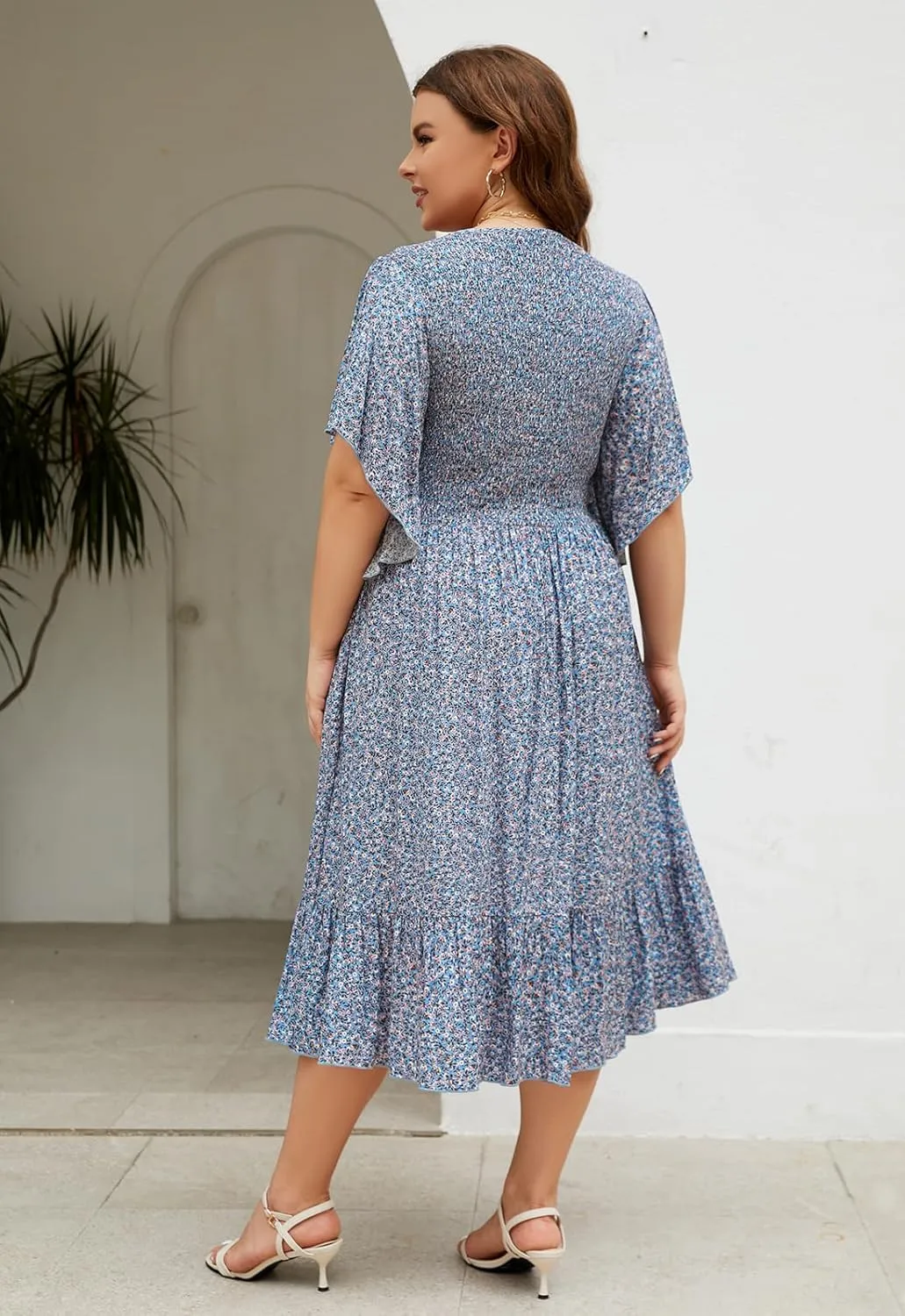 Keluummi Plus Size Wedding Guest Midi Dresses for Curvy Women, Summer Casual Boho Floral Dress with Empire Waist and Pocket