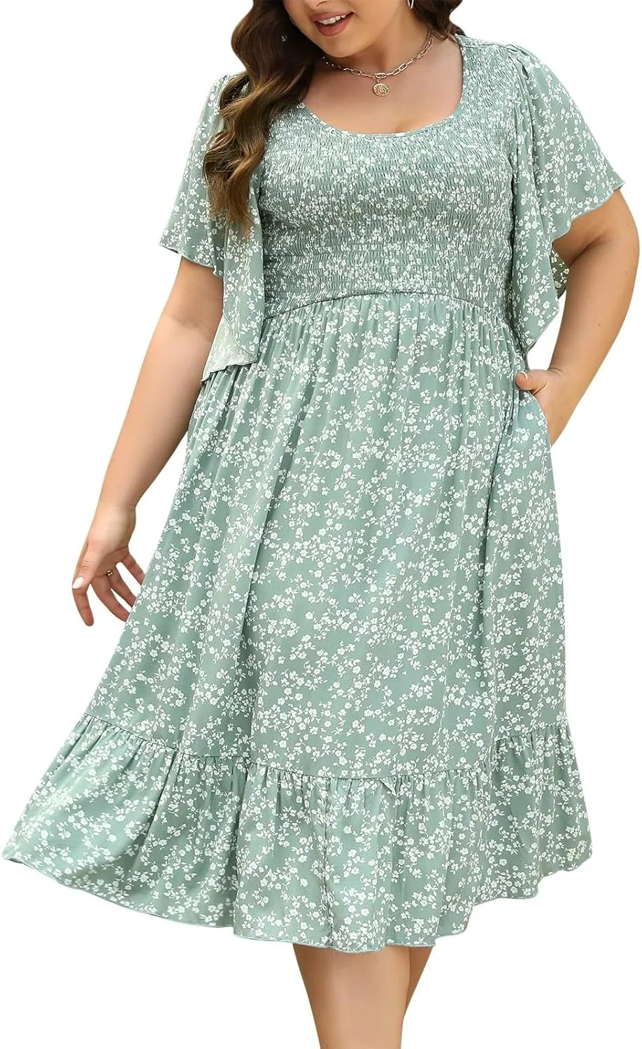 Keluummi Plus Size Wedding Guest Midi Dresses for Curvy Women, Summer Casual Boho Floral Dress with Empire Waist and Pocket