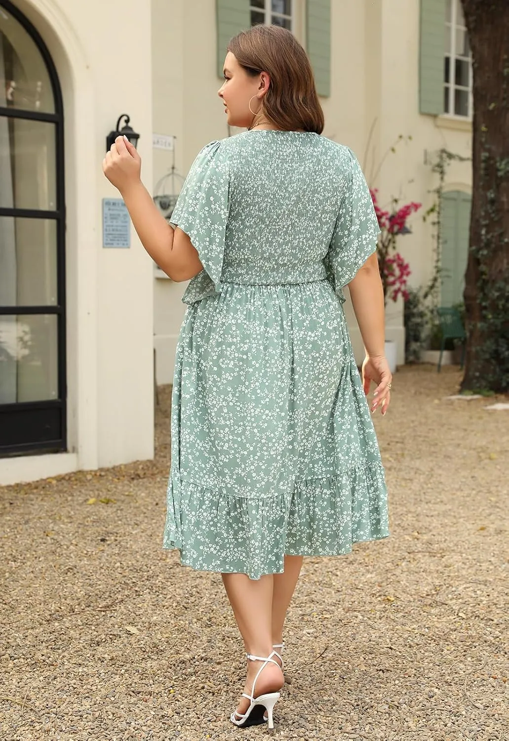 Keluummi Plus Size Wedding Guest Midi Dresses for Curvy Women, Summer Casual Boho Floral Dress with Empire Waist and Pocket