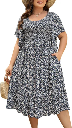 Keluummi Plus Size Wedding Guest Midi Dresses for Curvy Women, Summer Casual Boho Floral Dress with Empire Waist and Pocket