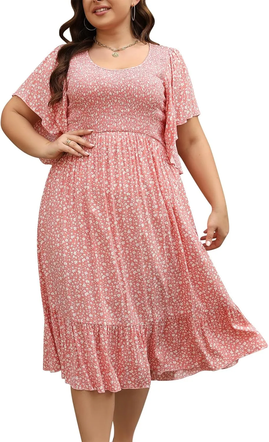 Keluummi Plus Size Wedding Guest Midi Dresses for Curvy Women, Summer Casual Boho Floral Dress with Empire Waist and Pocket