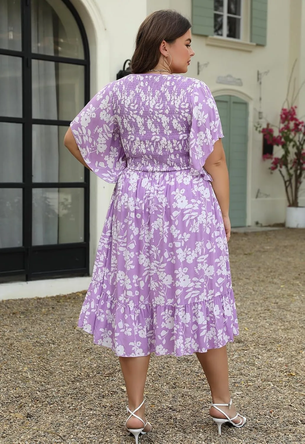 Keluummi Plus Size Wedding Guest Midi Dresses for Curvy Women, Summer Casual Boho Floral Dress with Empire Waist and Pocket