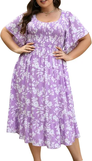 Keluummi Plus Size Wedding Guest Midi Dresses for Curvy Women, Summer Casual Boho Floral Dress with Empire Waist and Pocket