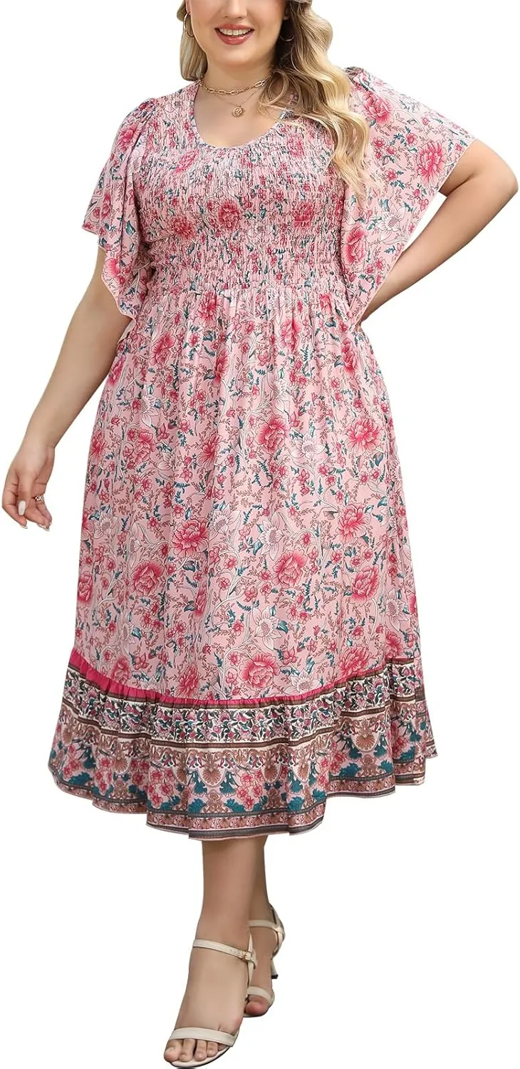 Keluummi Plus Size Wedding Guest Midi Dresses for Curvy Women, Summer Casual Boho Floral Dress with Empire Waist and Pocket