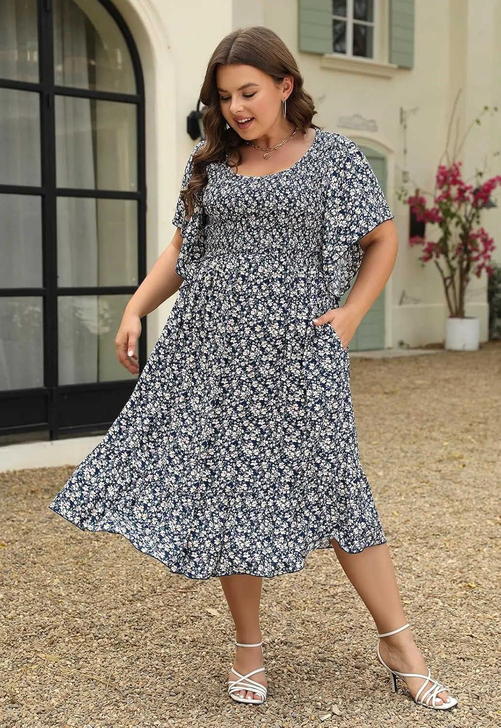 Keluummi Plus Size Wedding Guest Midi Dresses for Curvy Women, Summer Casual Boho Floral Dress with Empire Waist and Pocket