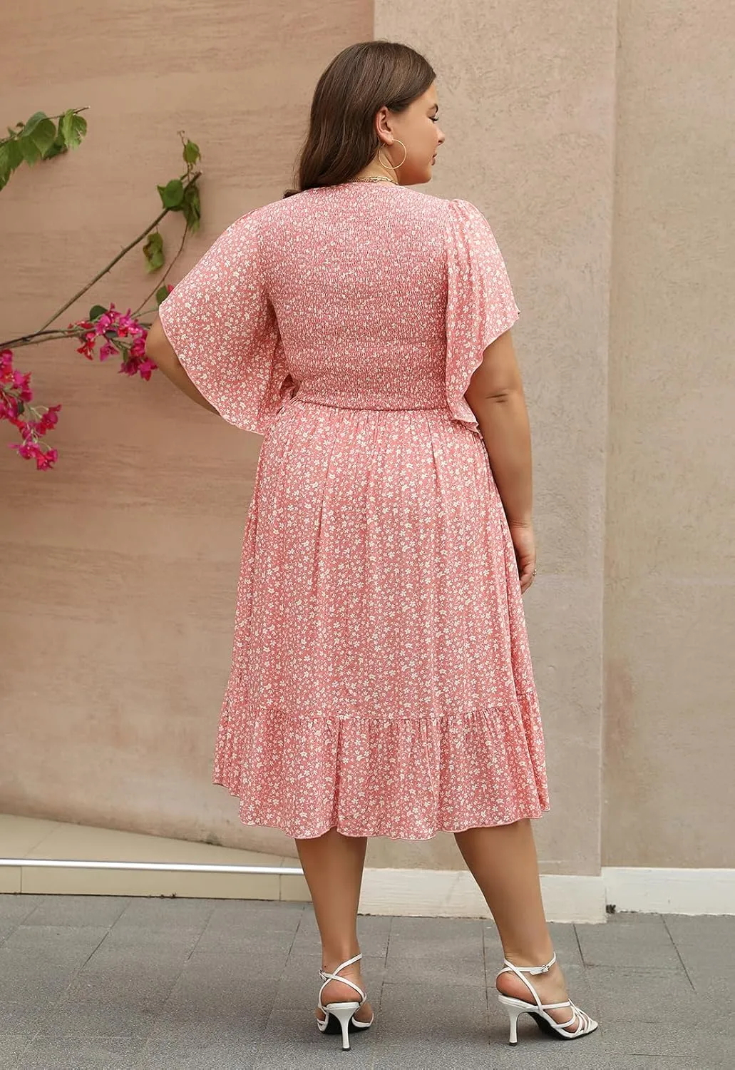 Keluummi Plus Size Wedding Guest Midi Dresses for Curvy Women, Summer Casual Boho Floral Dress with Empire Waist and Pocket