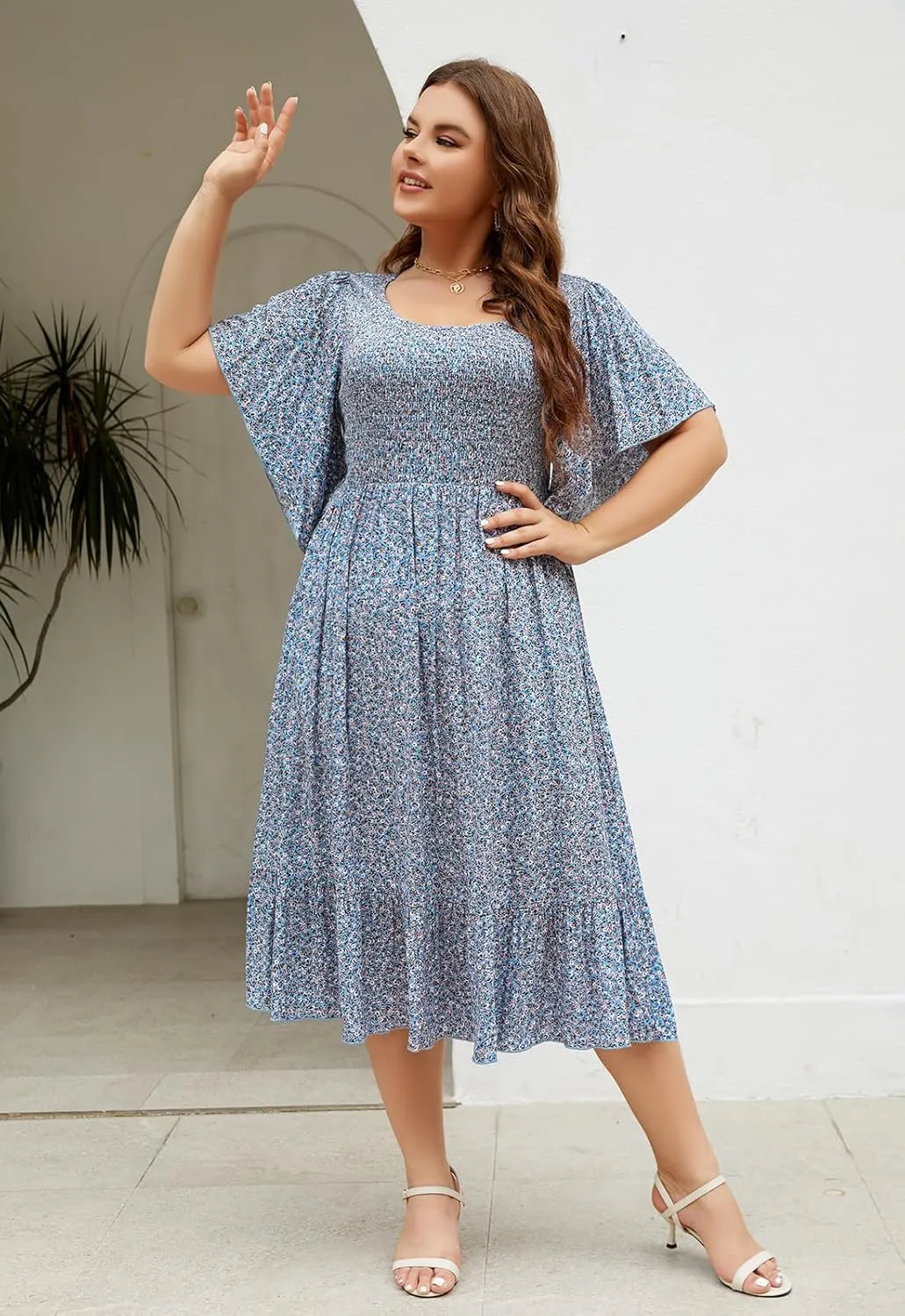 Keluummi Plus Size Wedding Guest Midi Dresses for Curvy Women, Summer Casual Boho Floral Dress with Empire Waist and Pocket