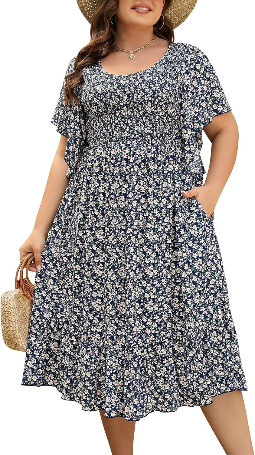 Keluummi Plus Size Wedding Guest Midi Dresses for Curvy Women, Summer Casual Boho Floral Dress with Empire Waist and Pocket