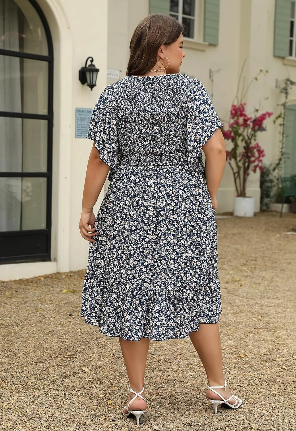 Keluummi Plus Size Wedding Guest Midi Dresses for Curvy Women, Summer Casual Boho Floral Dress with Empire Waist and Pocket
